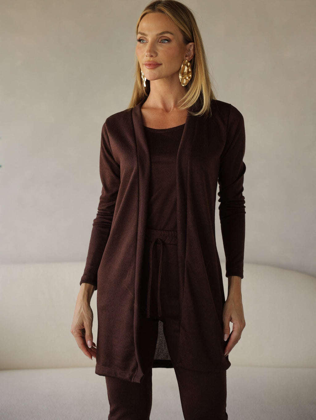 Conjunto 3 Peças Lanzinha Calça Slim e Kimono Alongado e Regata Básica Confortável Giselle