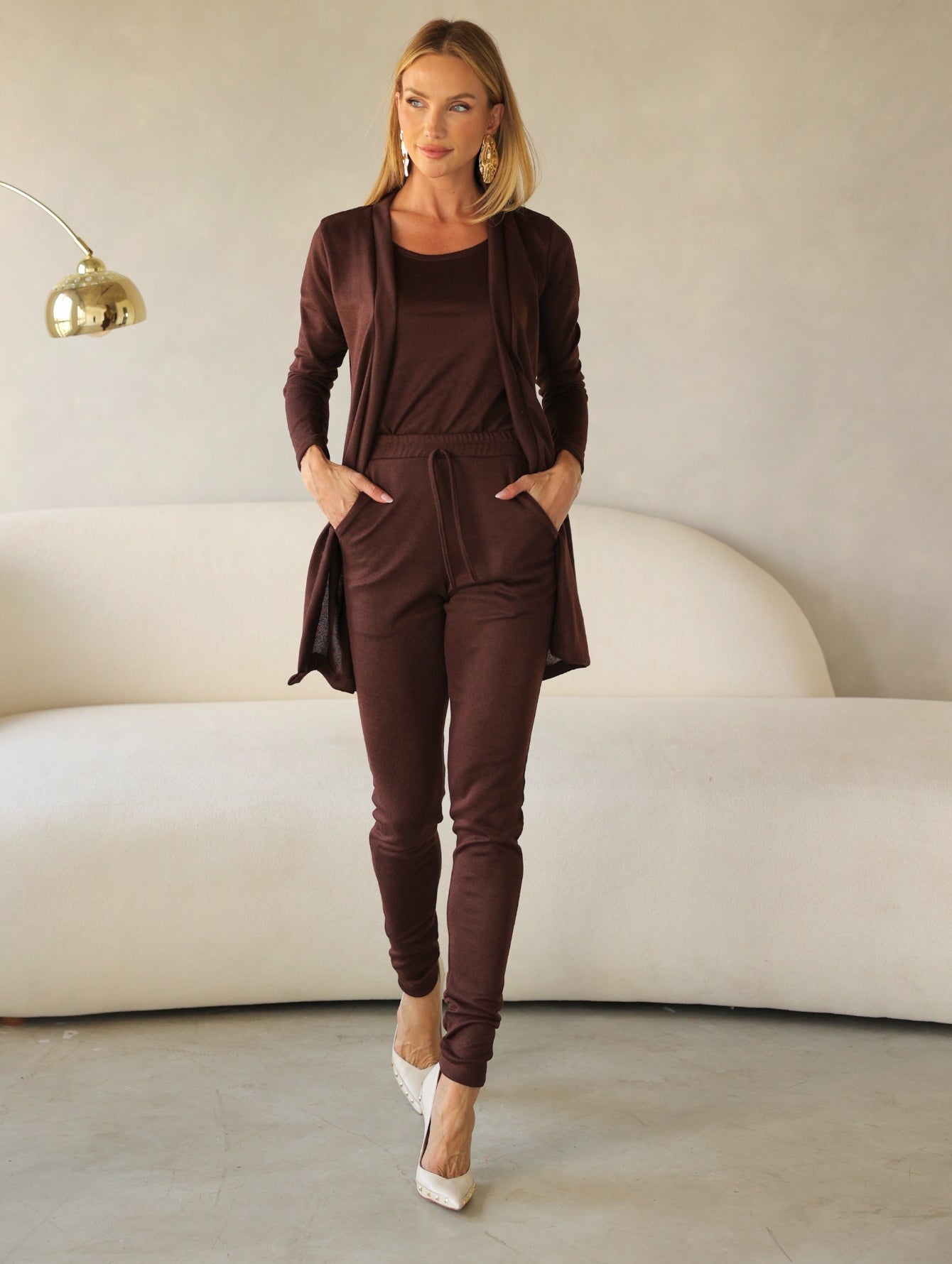 Conjunto 3 Peças Lanzinha Calça Slim e Kimono Alongado e Regata Básica Confortável Giselle
