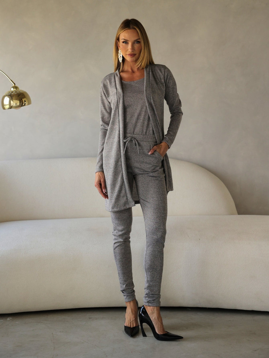 Conjunto 3 Peças Lanzinha Calça Slim e Kimono Alongado e Regata Básica Confortável Giselle