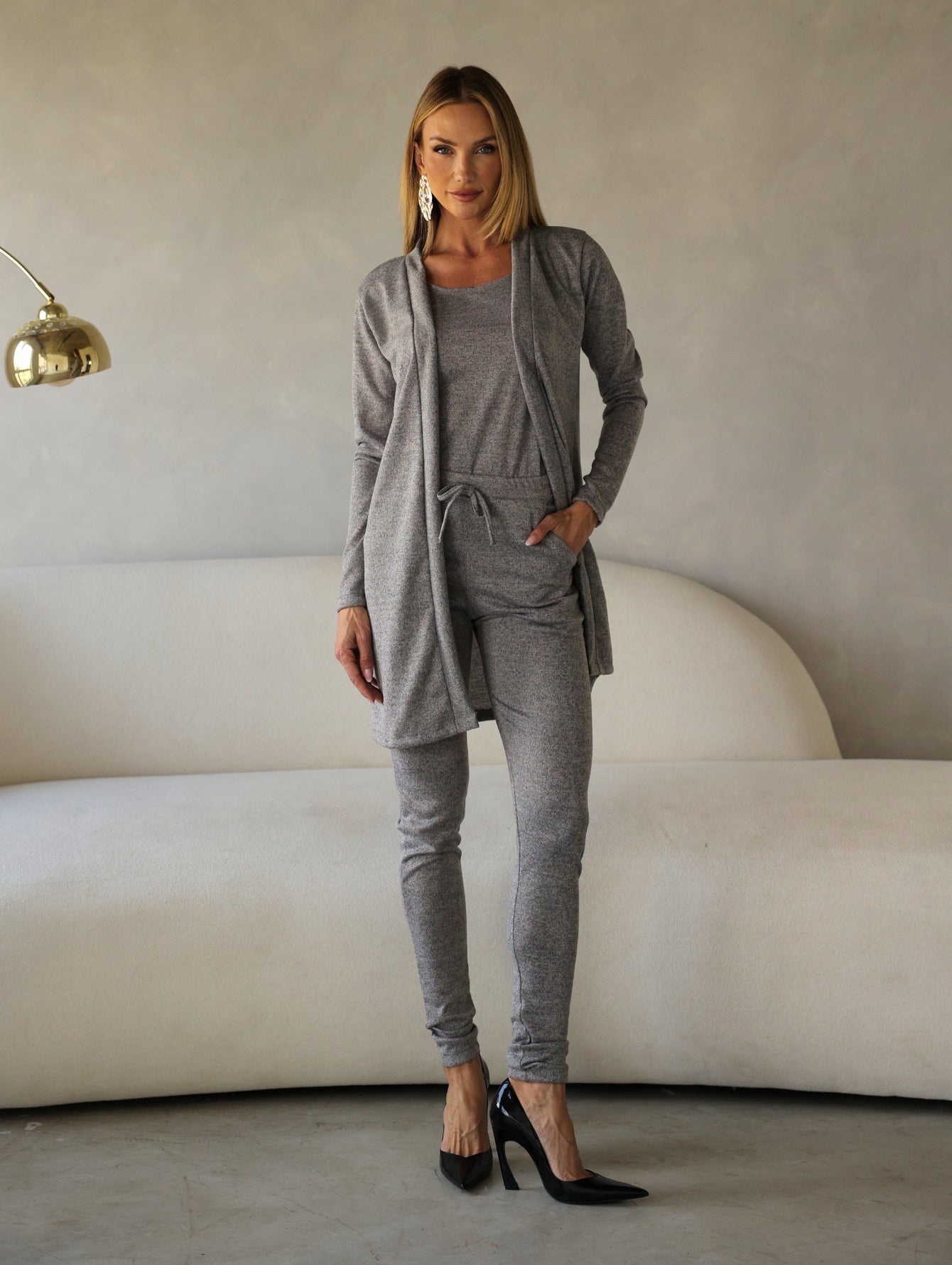 Conjunto 3 Peças Lanzinha Calça Slim e Kimono Alongado e Regata Básica Confortável Giselle