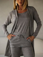 Conjunto 3 Peças Lanzinha Calça Slim e Kimono Alongado e Regata Básica Confortável Giselle