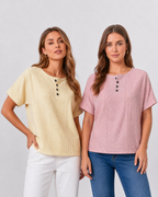 (Compre 1 Leve 2) Blusa Euddora™ Com Listras Delicadas e Botões Frontais
