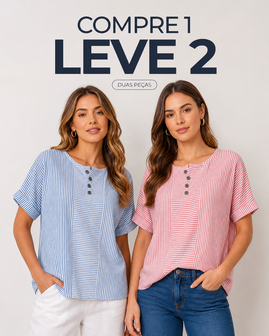 (Compre 1 Leve 2) Blusa Euddora™ Com Listras Delicadas e Botões Frontais