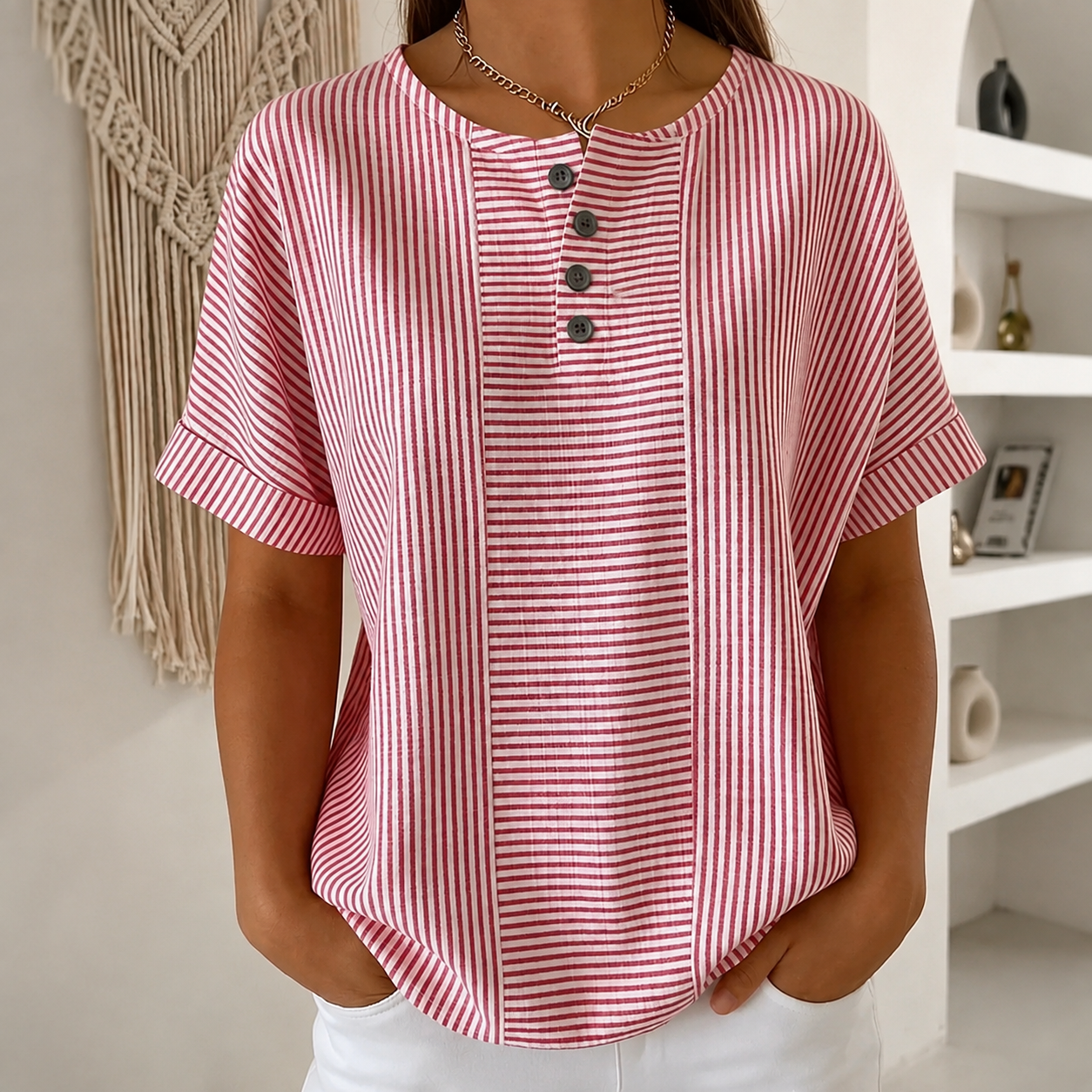 (Compre 1 Leve 2) Blusa Euddora™ Com Listras Delicadas e Botões Frontais