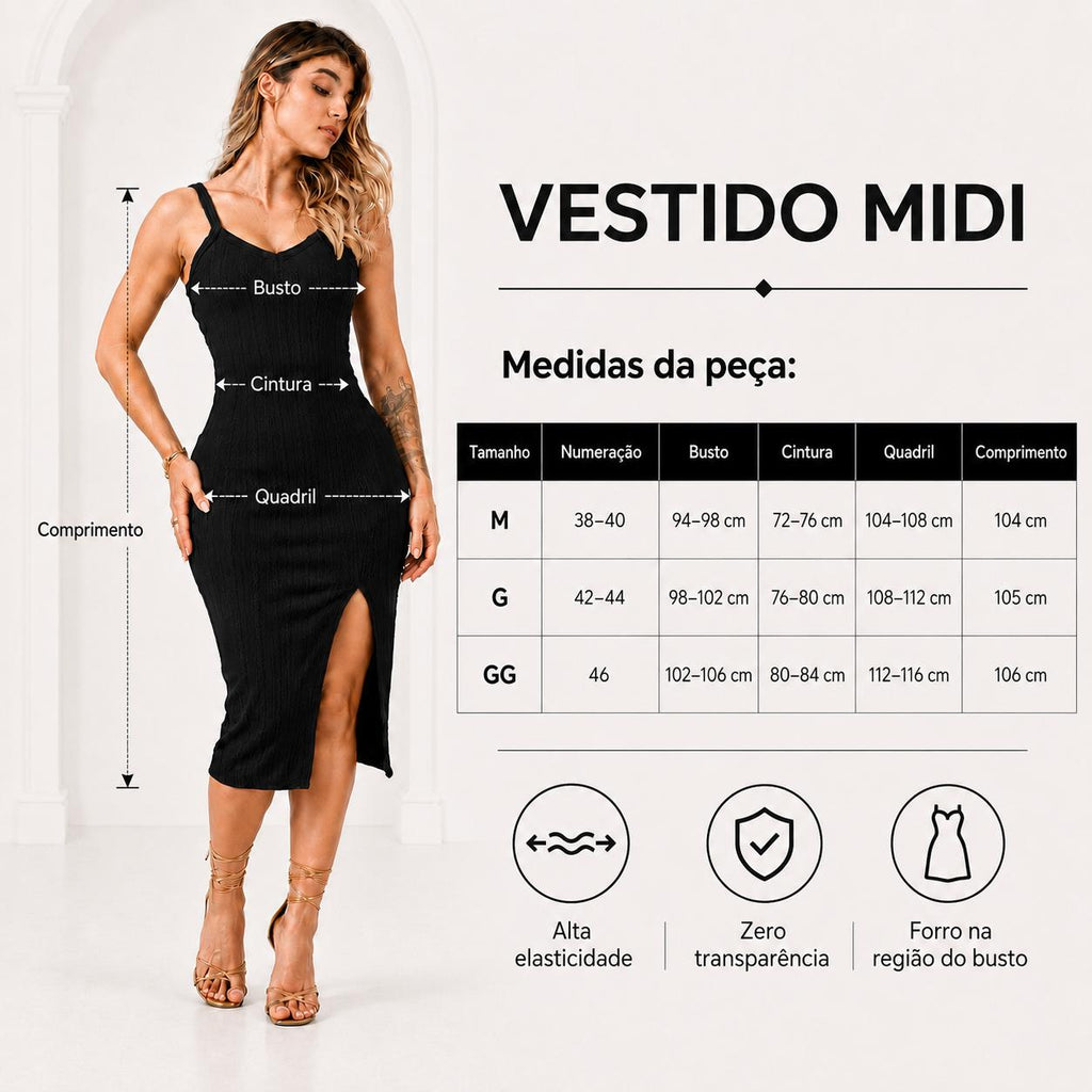 Vestido Midi de Alça em Ribana com Fenda Lateral
Vestido Midi de Alça em Ribana
Vestido Midi com Fenda Lateral
Vestido Midi